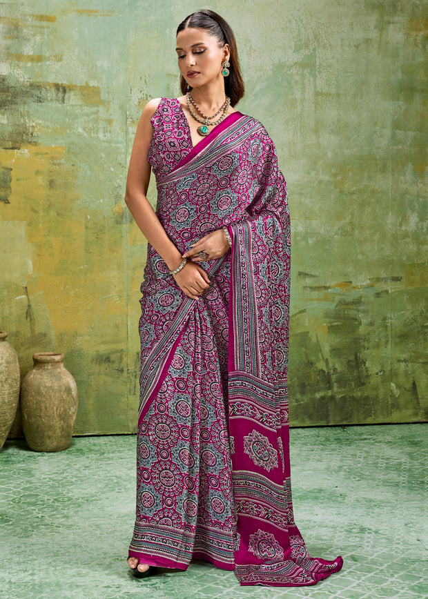 Plum Purple Printed Satin Silk Saree