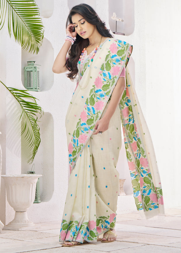 Marshmallow White Woven Linen Silk Saree