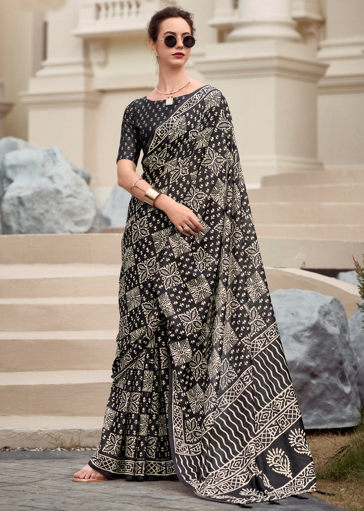 Black Printed Cotton Silk Saree