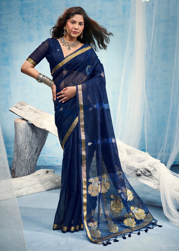 Midnight Blue Woven Cotton Silk Saree