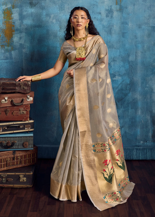 Silver Grey Woven Paithani Tissue Silk Saree