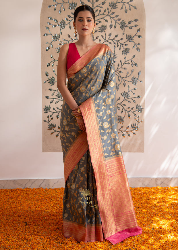 Tarana grey Banarasi Katan silk saree with all-over gold zari floral jaal