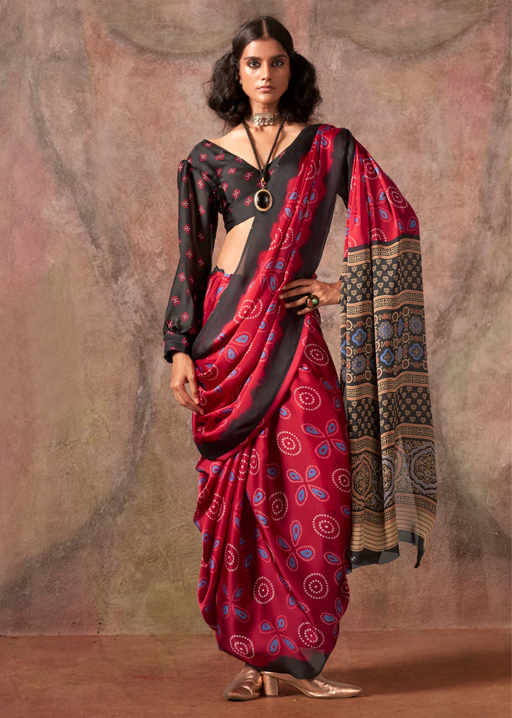 Cherry Red Printed Crepe Satin Silk Saree