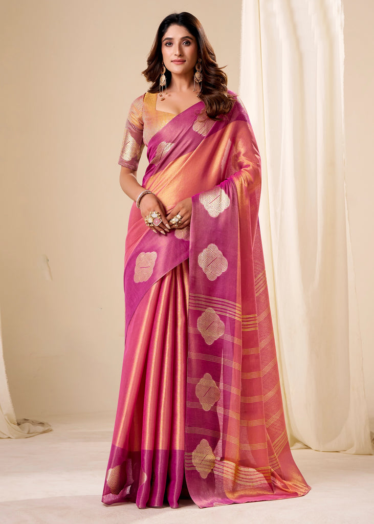 Peach Pink Woven Tissue Silk Saree