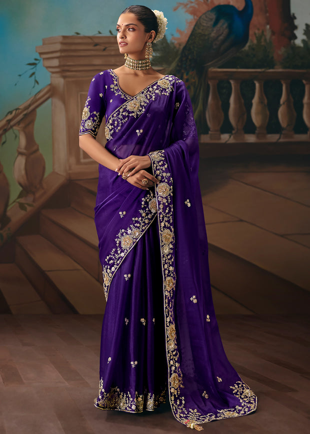 Royal Purple Embroidered Designer Saree