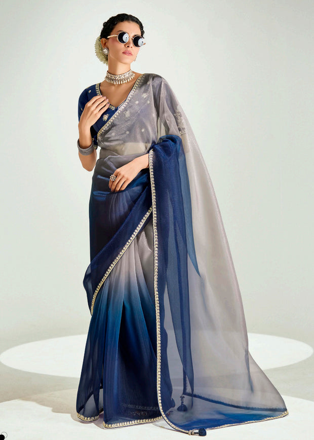 Midnight Blue Ombre Designer Tissue Saree With Embroidered Blouse