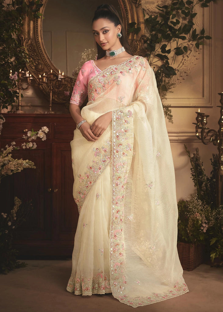 Pearl White Tissue Organza Designer Saree