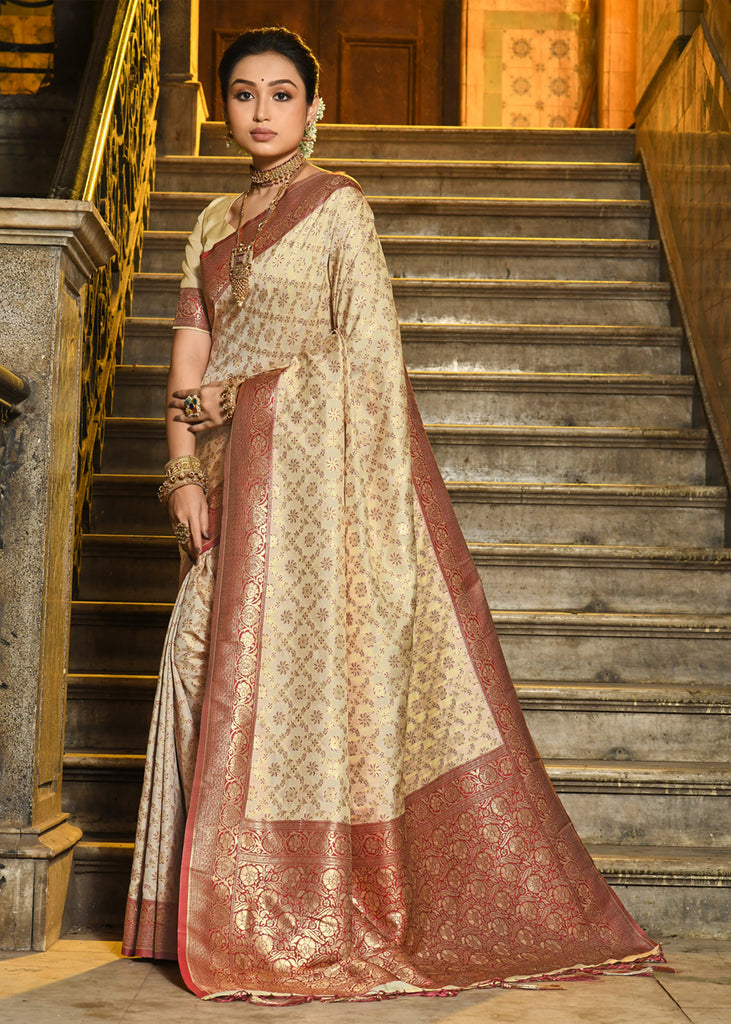 Maroon And Beige Woven Banarasi Brocade Silk Saree With Overall Jaal