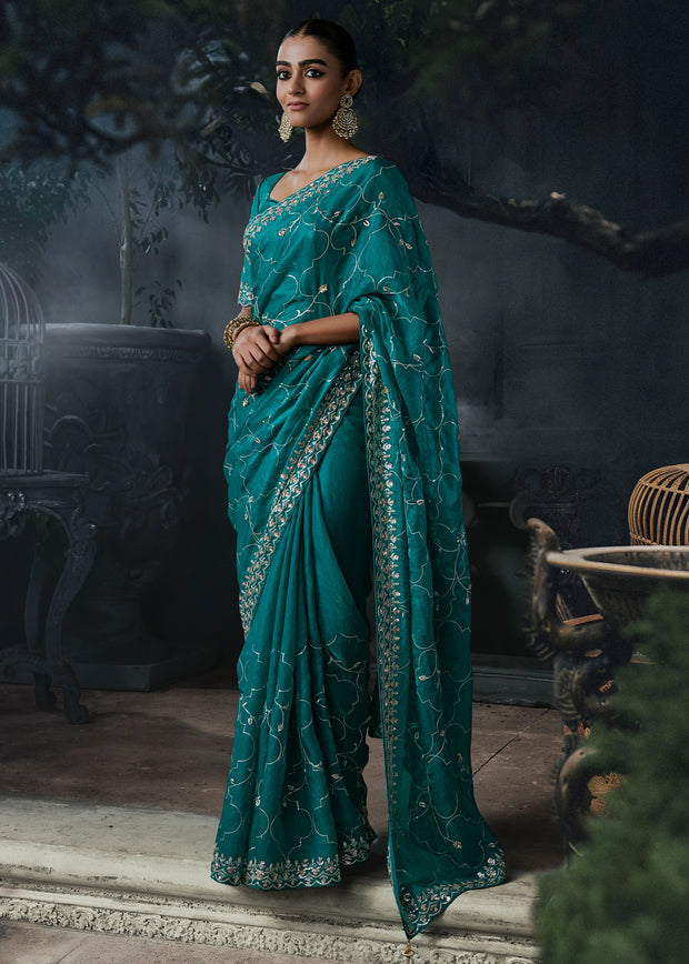 Teal Blue Embroidered Designer Saree