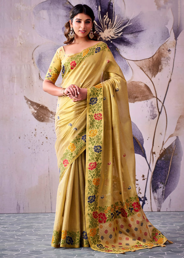 Lime Yellow Woven Tissue Silk Saree