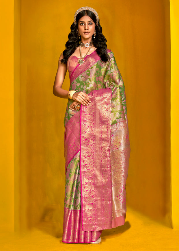 Lime green dual tone Kanjivaram silk saree with fresh two-tone woven body