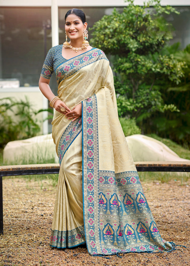 Cream And Blue Woven Banarasi Silk Saree