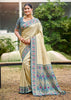 Cream And Blue Woven Banarasi Silk Saree