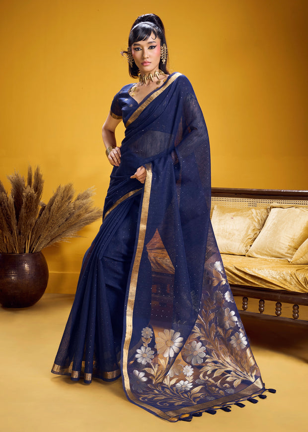 Navy Blue Woven Cotton Silk Saree
