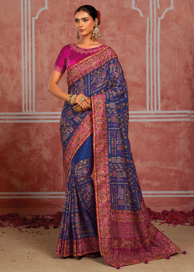 Royal Blue Embroidered Designer Saree