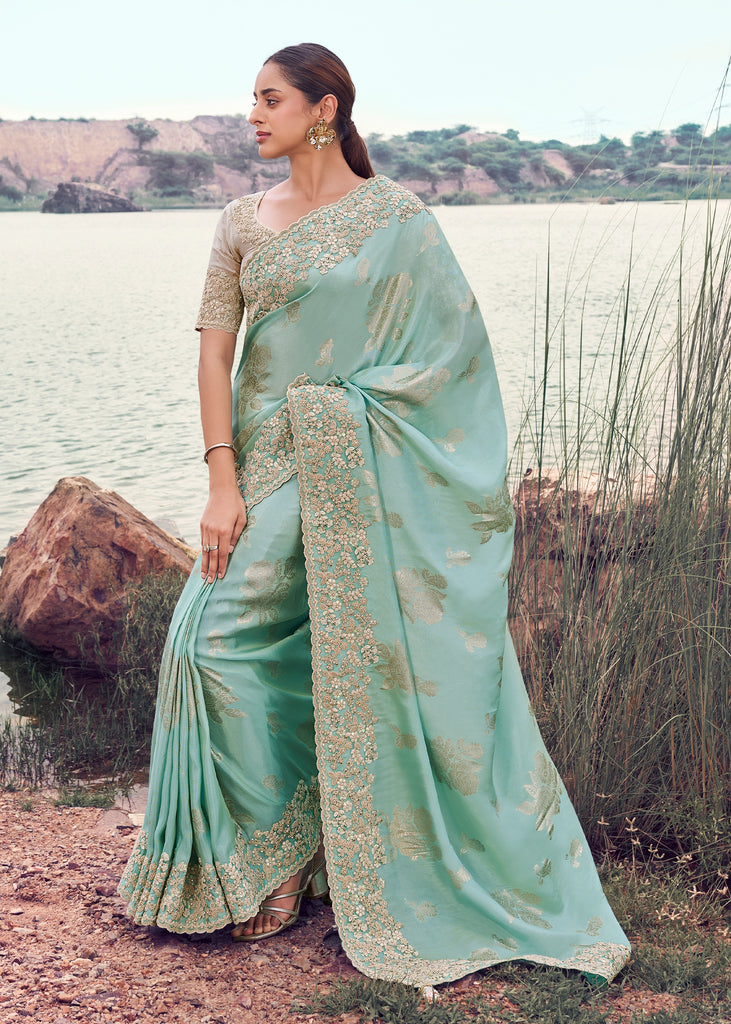 Aruba Blue Woven Embroidered Satin Silk Saree