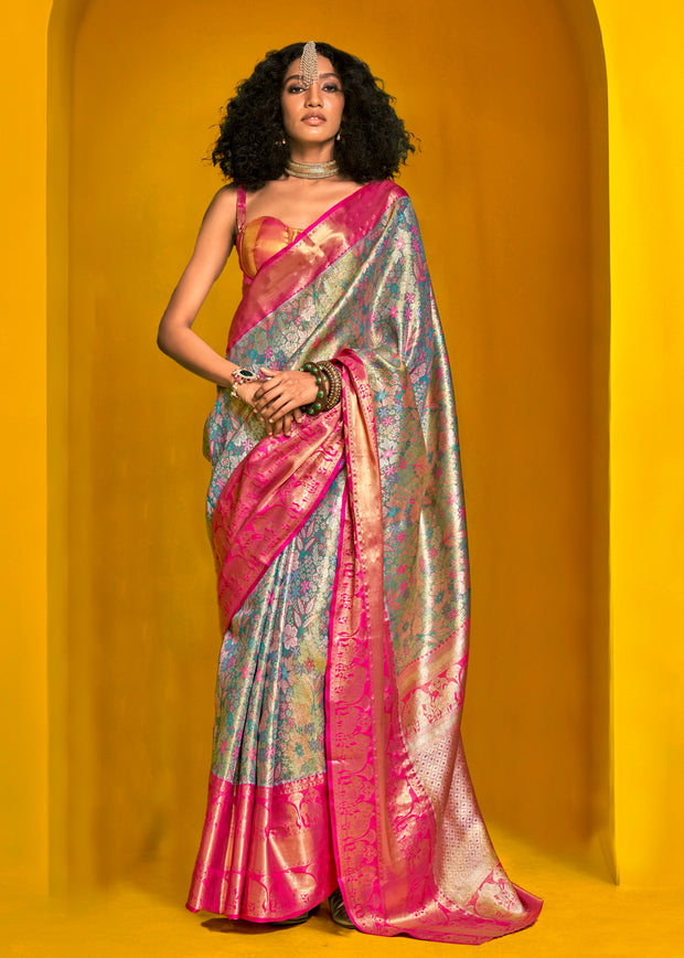 Green and pink dual tone Kanjivaram silk saree with contrasting woven border and body