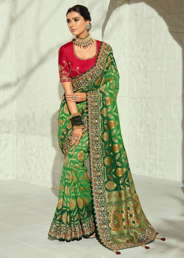 2-Shades Green Embroidered Georgette Bandhej Saree