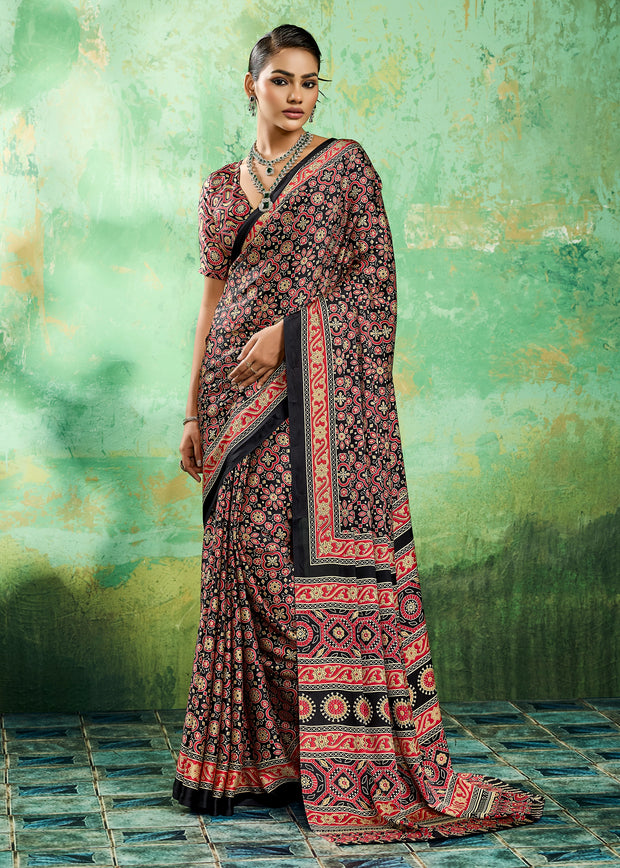Black And Red Printed Satin Silk Saree