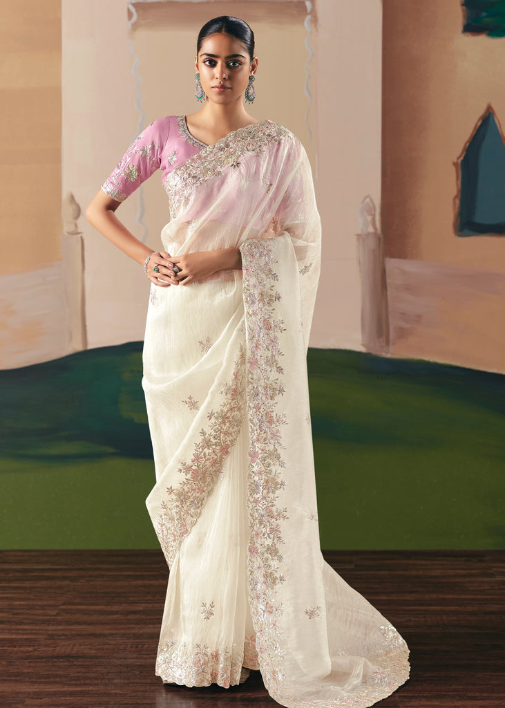 Off White Embroidered Designer Silk Saree
