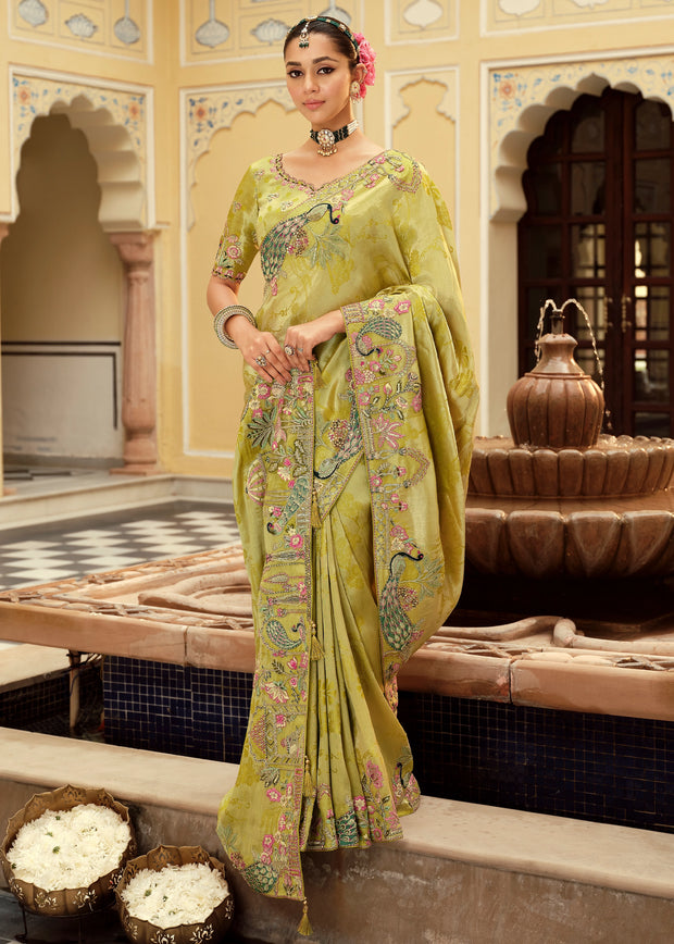Green soft silk saree with Khatli work embroidery