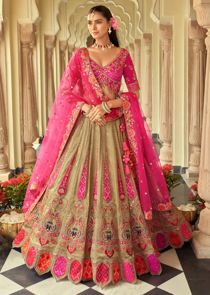 Beige & Pink Embroidered Stitched Designer Lehenga