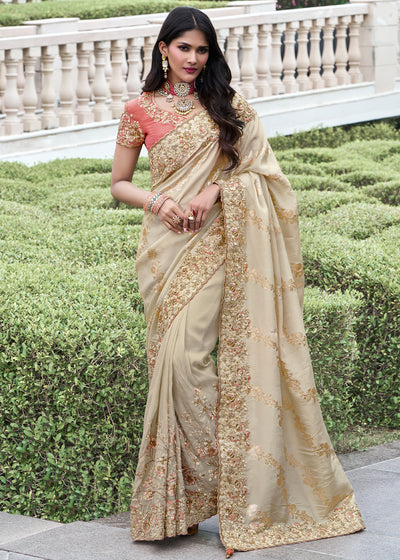 Golden Off White Heavy Embroidered Designer Silk Saree (10580210581697)