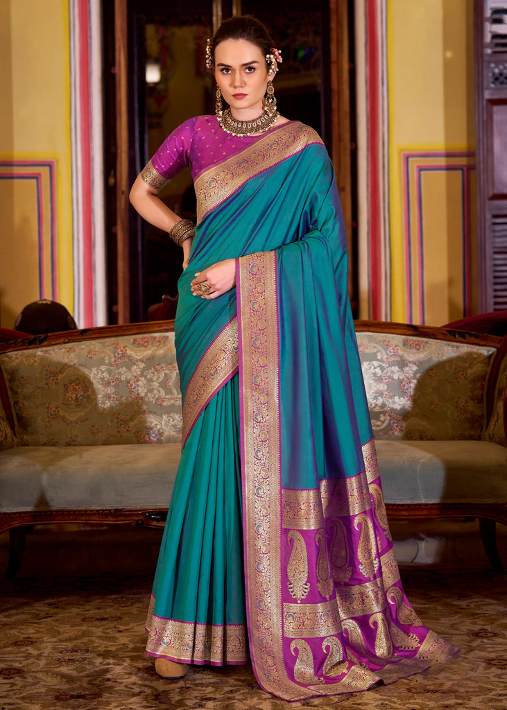 Peacock Blue Banarasi Soft Silk Saree