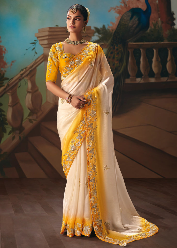 Yellow White Embroidered Designer Saree
