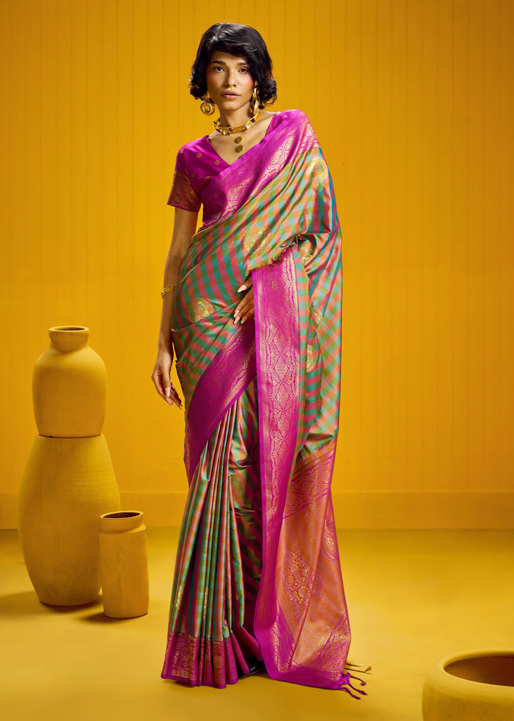 Green And Pink Banarasi Silk Saree