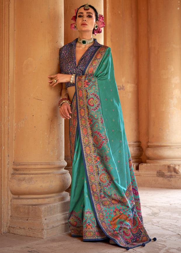 Teal Green Printed Silk Saree With Contrast Blouse
