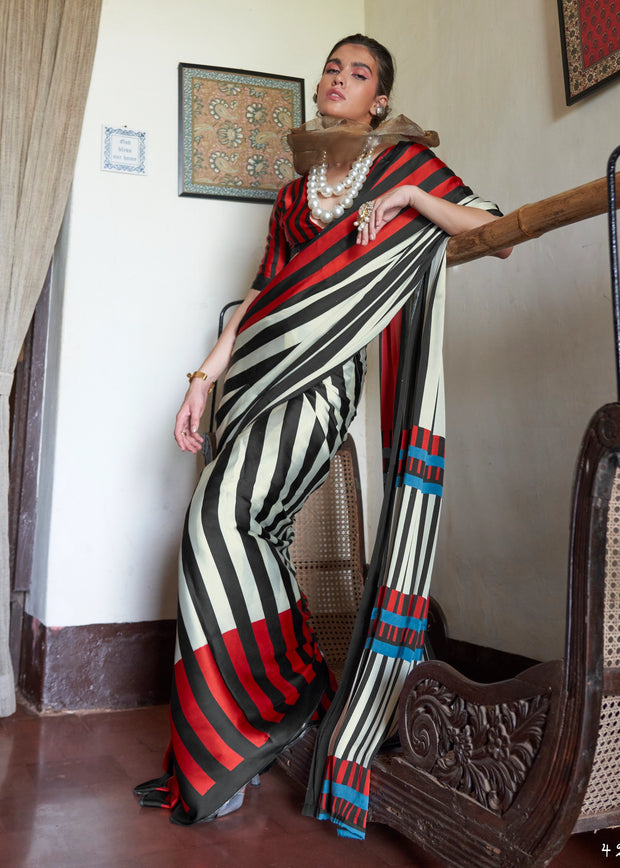 Black White Bold Stripe Printed Satin Crepe Saree
