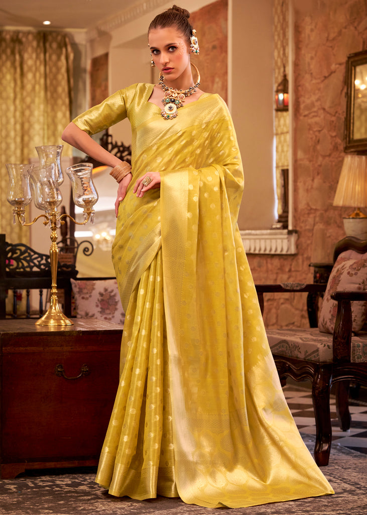 Blazing Yellow Woven Banarasi Tissue Silk Saree