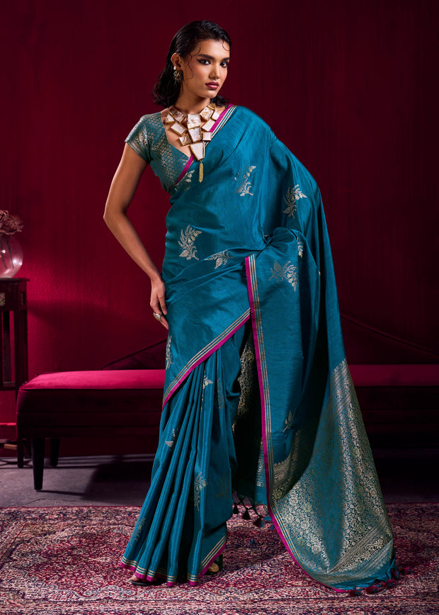 Moroccan Blue Woven Banarasi Satin Linen Silk Saree