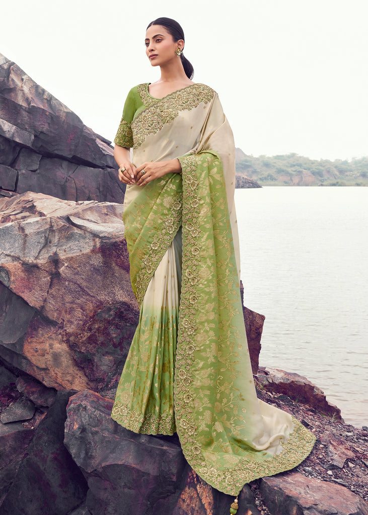 Green & Cream Woven Embroidered Tissue Silk Saree
