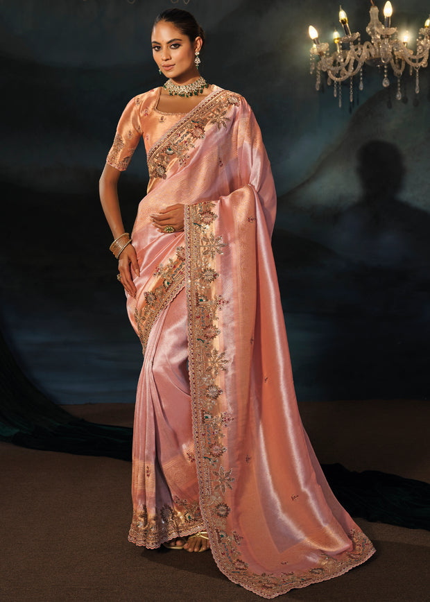 Peach Pink Embroidered Silk Saree