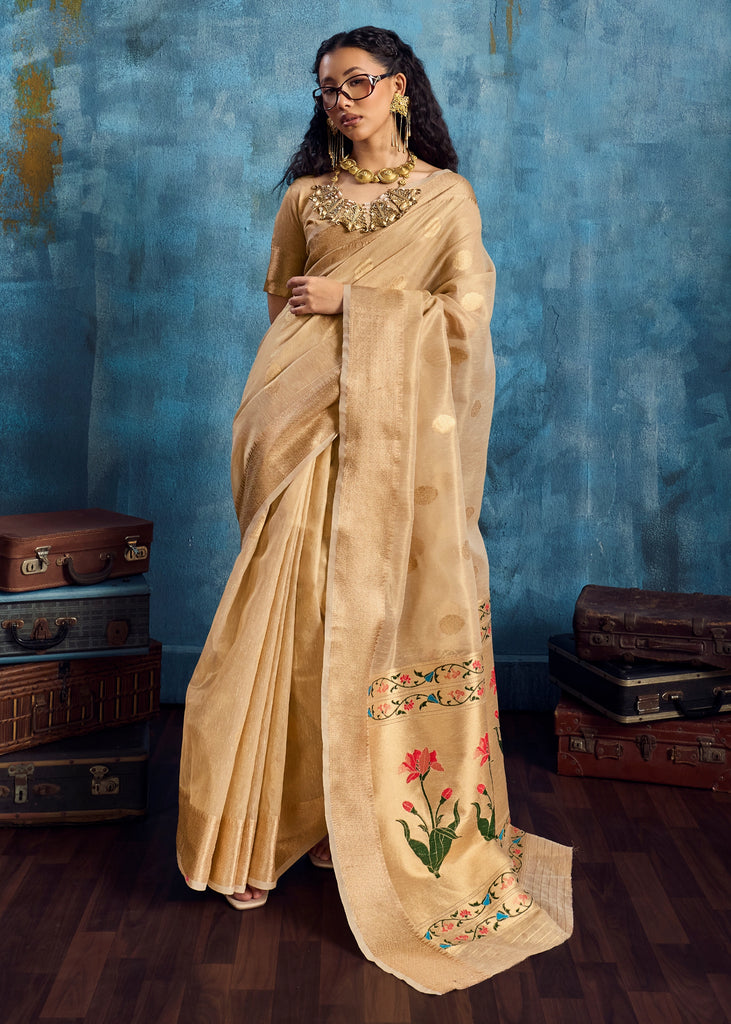 Golden Beige Woven Paithani Tissue Silk Saree