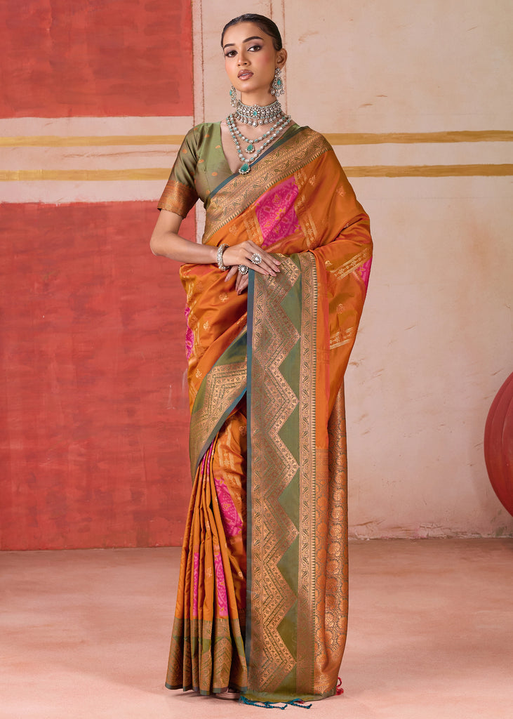 Russet Orange Dual Tone Bronze Zari Woven Banarasi Silk Saree