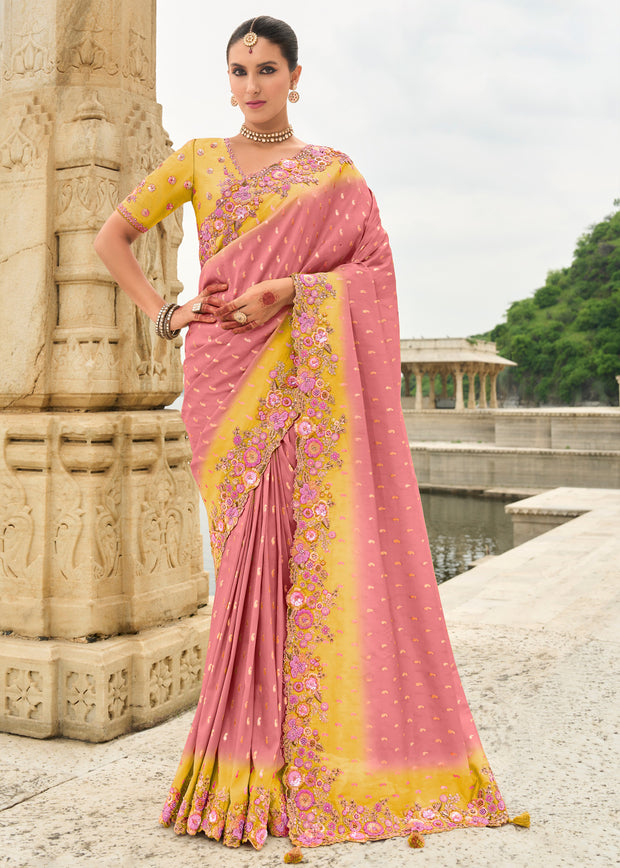 Wild rose pink designer embroidered silk saree