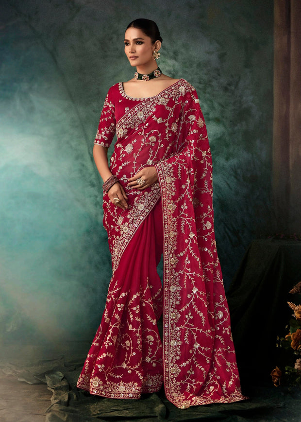 Tango Red Embroidered Designer Saree