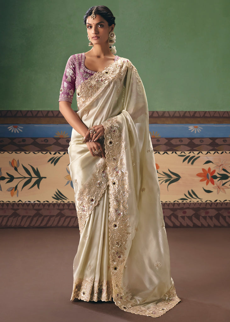 Snow White Embroidered Designer Saree