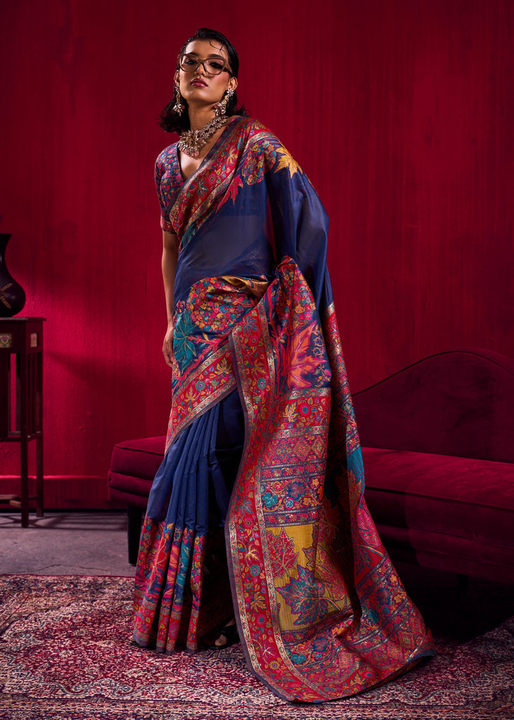 Depth Blue Woven Cotton Kashmiri Jamewar Saree