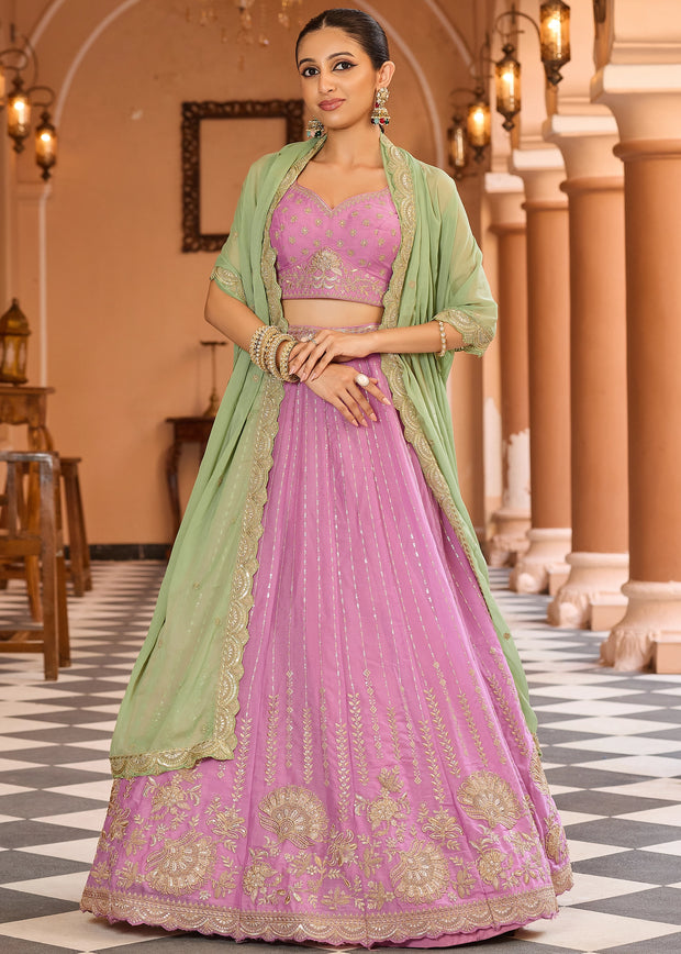 Pink Tissue Embroidered Semi-Stitched Lehenga