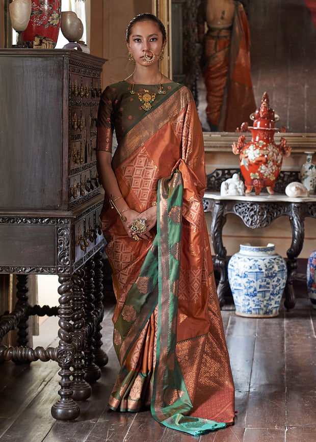 Rust and green dual-tone Banarasi silk saree with bronze zari weaving