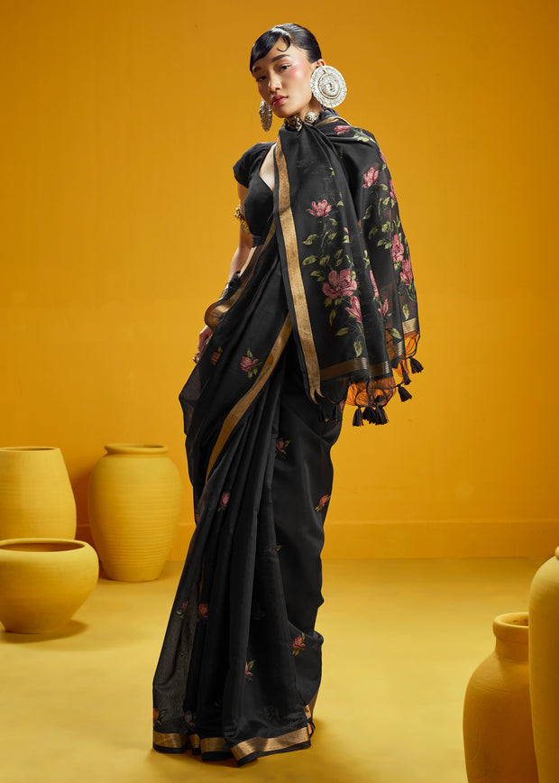 Black Woven Munga Cotton Silk Saree