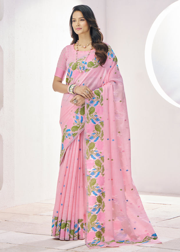 Baby Pink Woven Linen Silk Saree