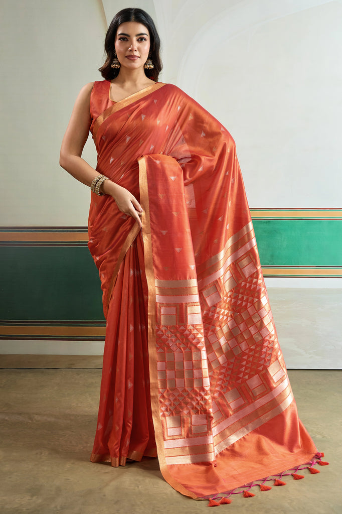 Spicy Orange Woven Tussar Silk Saree