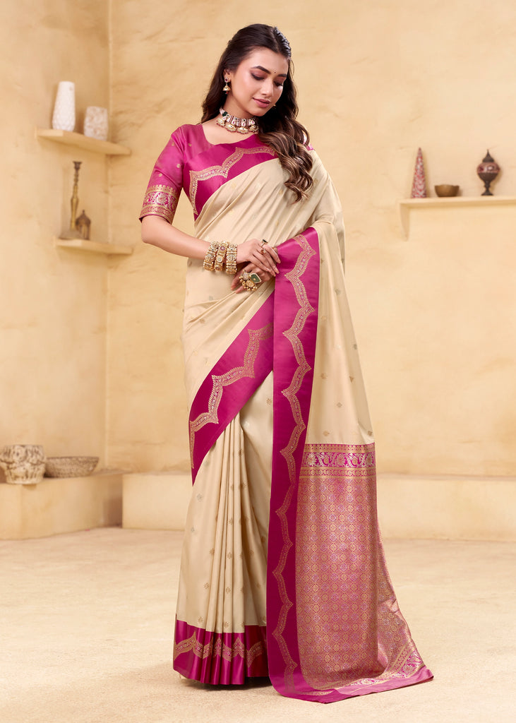 Off White Woven Satin Silk Saree