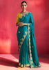 Peacock Blue Embroidered Soft Silk Saree With Contrast Blouse