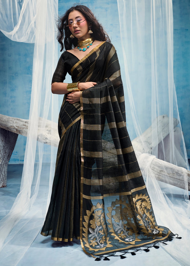 Black Woven Munga Cotton Saree